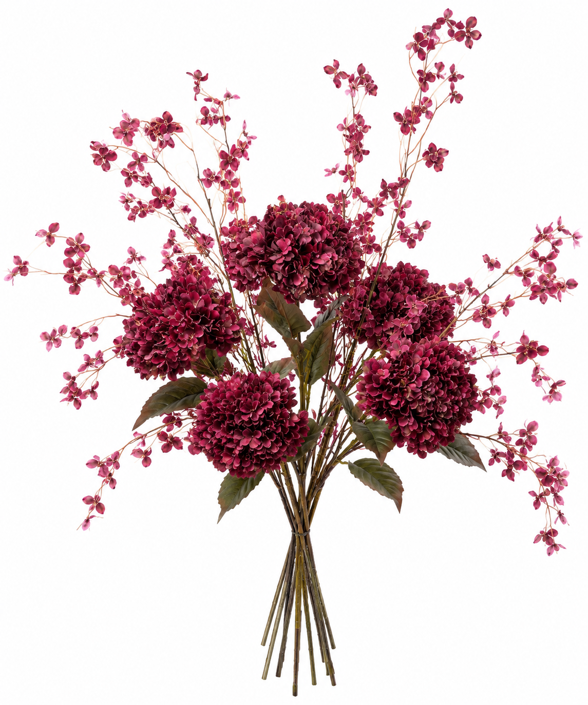 Kunstbloemen boeket | Boeket Hortensia's met bloesem Burgundy