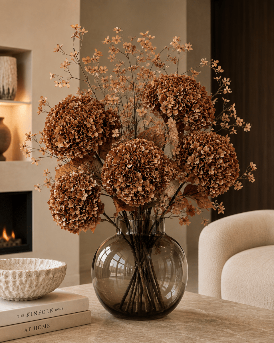 Kunstbloemen boeket | Boeket Hortensia's met bloesem Bruin - NU PUUR & GROEN