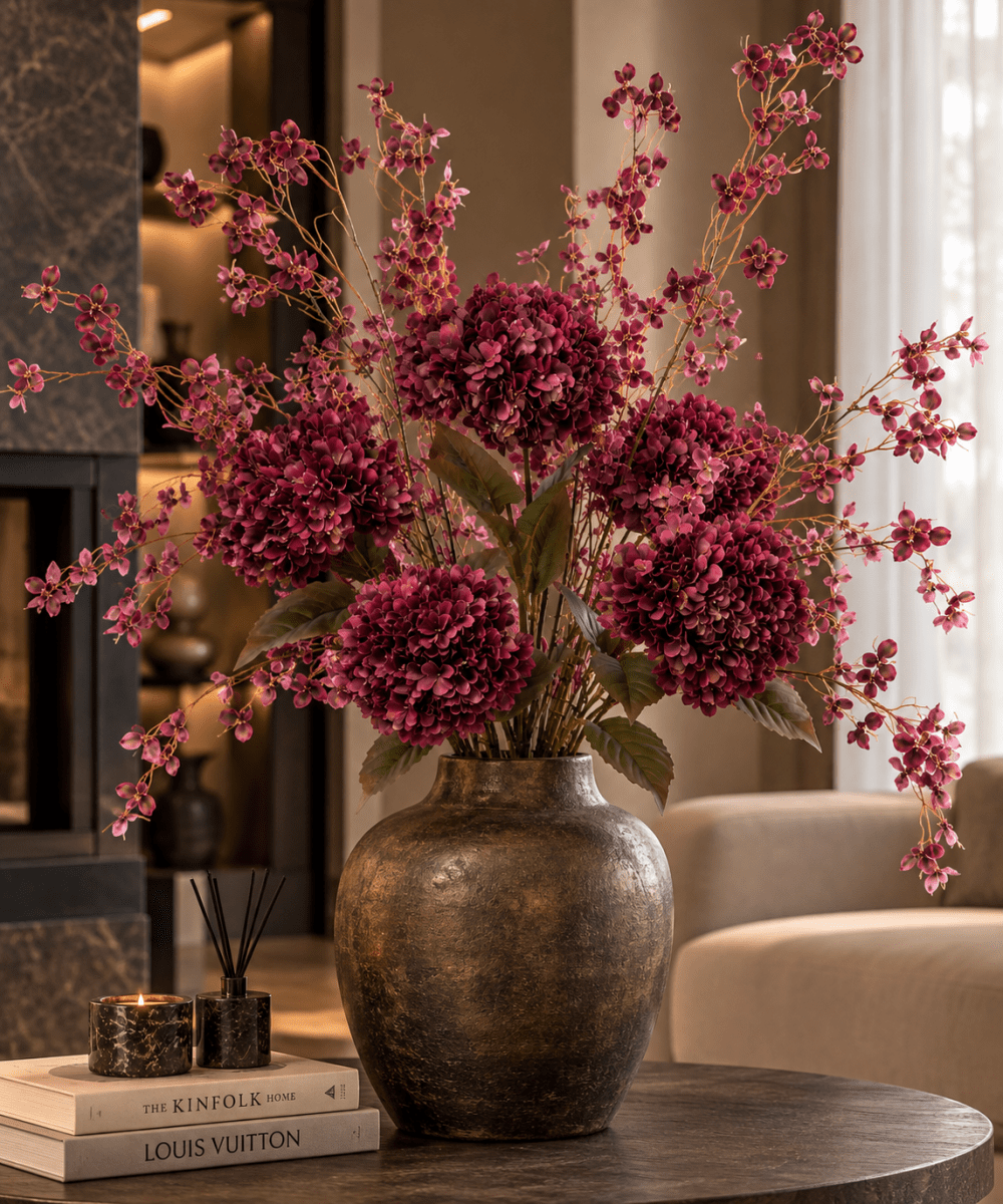 Kunstbloemen boeket | Boeket Hortensia's met bloesem Burgundy - NU PUUR & GROEN