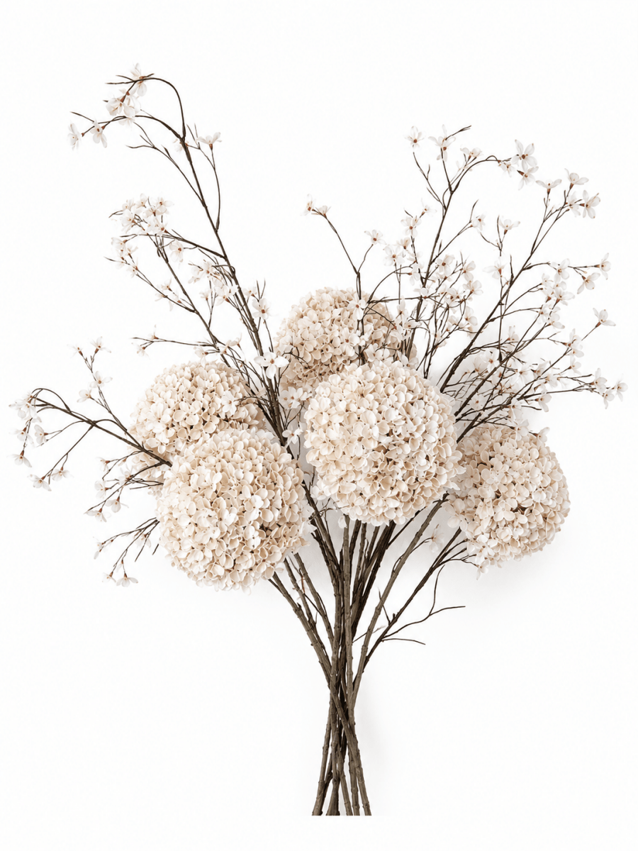 Kunstbloemen boeket | Boeket Hortensia's met bloesem Creme - NU PUUR & GROEN