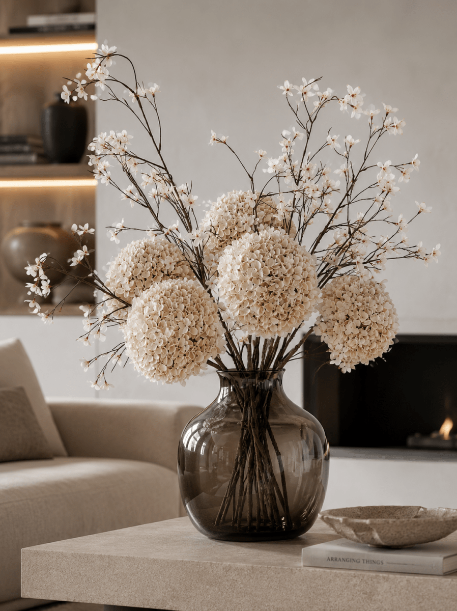 Kunstbloemen boeket | Boeket Hortensia's met bloesem Creme - NU PUUR & GROEN