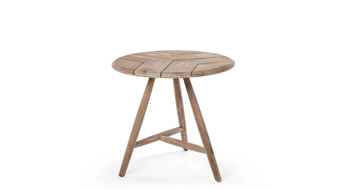 Low Dining Bistro Round Table Faye | Teak Natural Grey - NU PUUR & GROEN