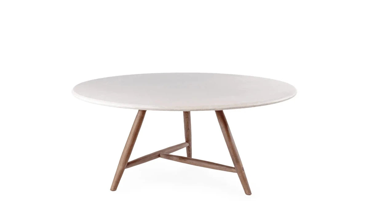 Low Dining Round Table Faye XL | Teak Woodstain Emas Brown / Conrete Top - NU PUUR & GROEN